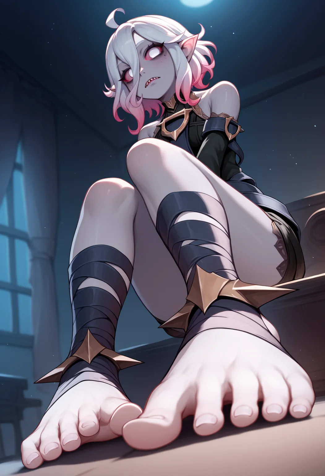 score_9, score_8_up, score_7_up, score_6_up, score_5_up, score_4_up, BREAK, source_anime,
1girl, briar, white eyes, colored sclera, white hair, gradient hair, short hair, hair between eyes, ahoge, pointy ears, sharp teeth, grey skin,
bare shoulders,  detached sleeves, bandaged legs,
night, indoors, bedroom, looking at viewer, view from below, feet focus, toes,
[refraction|caustics|rim lights|backlighting|bloom]  <lora:BriarXL:1>