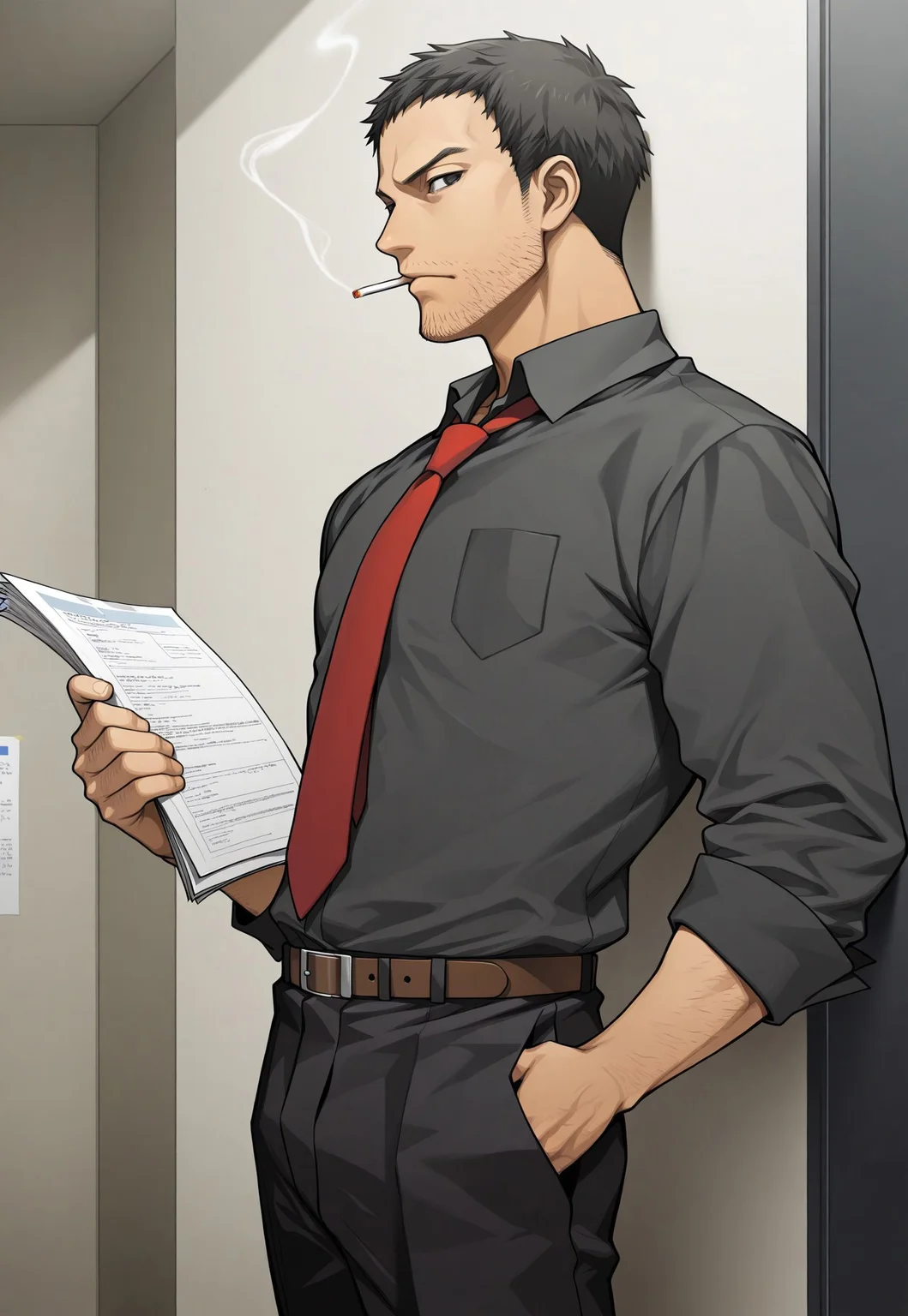 masterpiece, best quality, newest, extreme detail description, amazing quality, 1boy, solo, D0jima_p4 , black hair, black eyes, stubble, facial hair, collared shirt, red necktie, leather belt, black pants, holding papers, leaning on wall, hand in pocket, cigarette in mouth, from side, looking at viewer, glance, office background