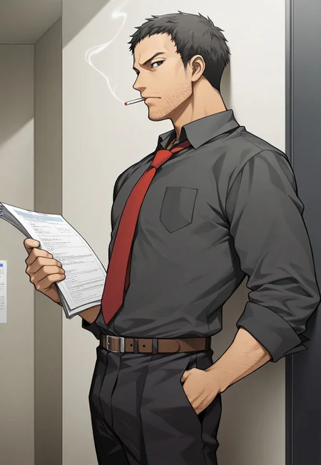 masterpiece, best quality, newest, extreme detail description, amazing quality, 1boy, solo, D0jima_p4 , black hair, black eyes, stubble, facial hair, collared shirt, red necktie, leather belt, black pants, holding papers, leaning on wall, hand in pocket, cigarette in mouth, from side, looking at viewer, glance, office background