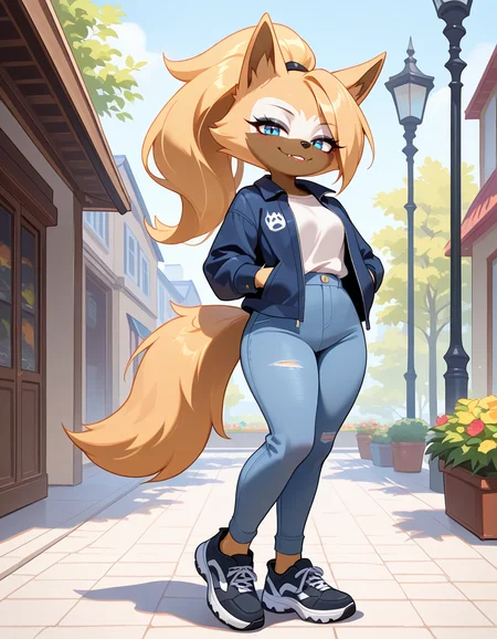 masterpiece, best quality, very aesthetic, absurdres,
outdoors, casual,
full body, standing, posing,
seductive smile, parted lips, long eyelashes,
<lora:Whisper_the_Wolf_v01_NAIXL:1>,
Wh15p3r,1girl,solo,furry,furry female,wolf girl,long hair,blonde hair,wolf ears,ponytail,blue eyes,makeup,anout,animal nose,fangs,body fur,two-tone fur,orange fur,brown fur,wolf tail,