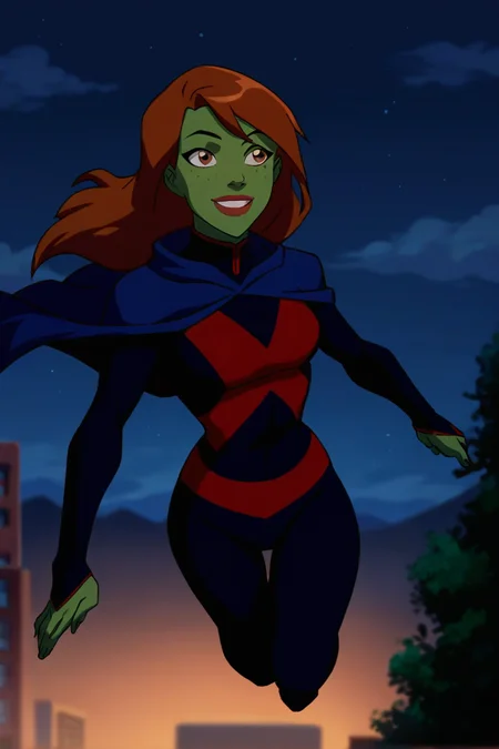 score_9, score_8_up, score_7_up, source_cartoon,<lora:Miss_Martian_PDXL:0.8>, miss martian, brown eyes, big lips, freckles, lipstick, ginger hair, long hair, green skin,medium breasts, superhero costume, floating, smile, solo, outdoors, at night, sky, blurry background, best quality, high quality