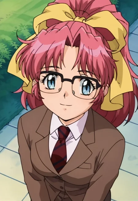 score_9,score_8_up,score_7_up,score_6_up,score_5_up,score_4_up,negative_hand, 1girl, Mimika Aobajou, Pink Hair, Long Hair, Ponytail, Ribbon Hair Tie, Grey Eyes, Blazer School Uniform, Glasses, Necktie, Skirt, looking at viewer, from above, anime screencap