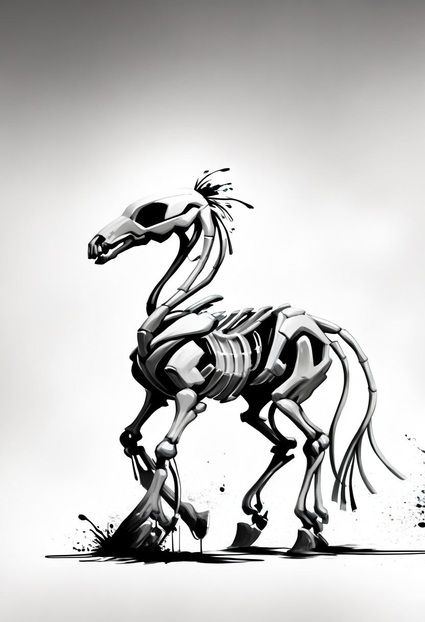 Cowboy skeleton, OverallDetailXL, hattiezazu, mcnm, monochromemuse, monochrome, greyscale, ink splatter