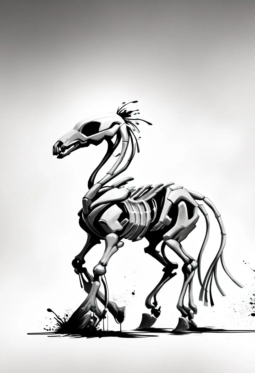 Cowboy skeleton, OverallDetailXL, hattiezazu, mcnm, monochromemuse, monochrome, greyscale, ink splatter
