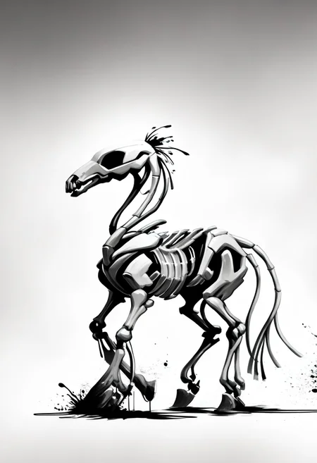 Cowboy skeleton, OverallDetailXL, hattiezazu, mcnm, monochromemuse, monochrome, greyscale, ink splatter