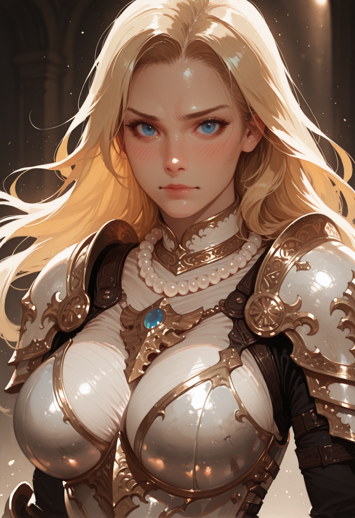 1girl, solo, blonde hair, blue eyes, long hair, , necklace, breasts, jewelry, armor, looking at viewer, upper body, large breasts, boobplate, blush, breastplate, pearl necklace,  white_armor, white top, masterwork, masterpiece, best quality, dynamic lighting , dynamic pose,,  dynamic angle, , , (realistic:1.2), (lineless:1.2), detailed, <lora:Detailer_NoobAI_Incrs_v1:0.75>, , aged up, adult, depth of field, dynamic lighting, blurry, cheekbones,