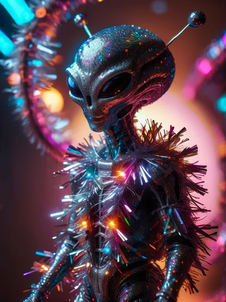 an alien on a futuristic spaceship in neon colors made of ral-tinsel on the surface of planet with smoke and neon lights in cosmic style <lora:ral-tinsel-sdxl:1>
