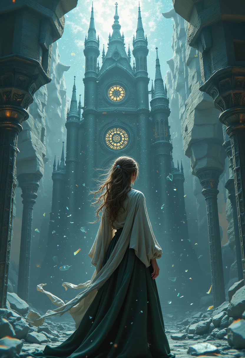 ff-enhance, Everything feels like it’s barely holding together, shattered glass, fractured spires, and her, caught in the middle of it all. Maybe it’s the glitches or the glow, but she’s less a person and more a memory trying to stay alive. Beautiful, but just out of reach, like all the best things, I guess.