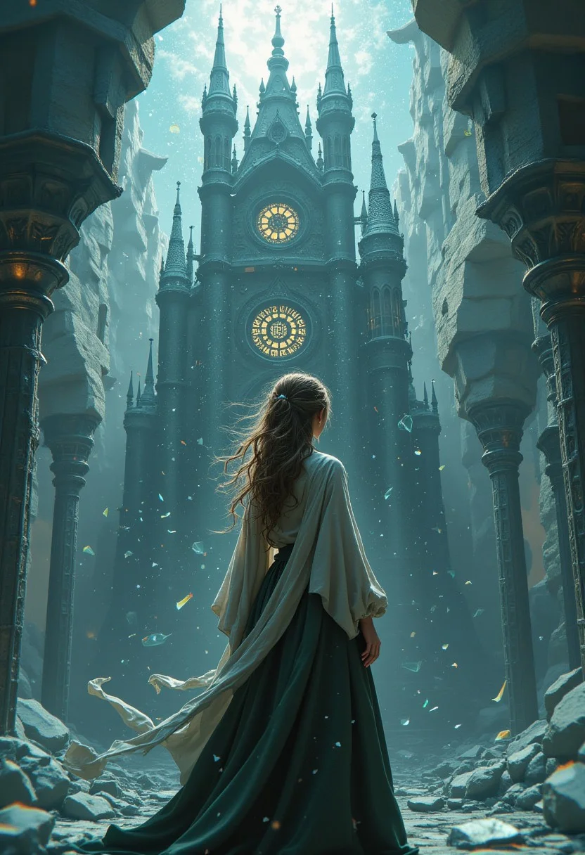 ff-enhance, Everything feels like it’s barely holding together, shattered glass, fractured spires, and her, caught in the middle of it all. Maybe it’s the glitches or the glow, but she’s less a person and more a memory trying to stay alive. Beautiful, but just out of reach, like all the best things, I guess.