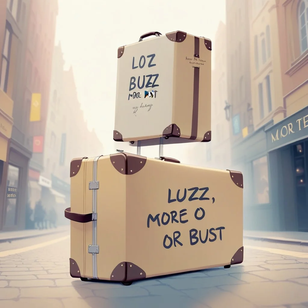 English text, displaying a suitcase that reads the handwritten text: "More Buzz or Bust!"