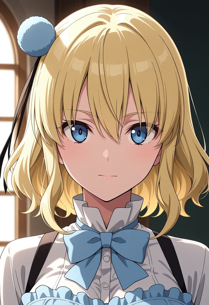 masterpiece, best quality, amazing quality,1girl, solo, BREAK
ari4,blonde hair,short hair, hair ornament, blue eyes,dress,bowtie,
BREAK
,upper body, portrait,looking at viewer,closed mouth