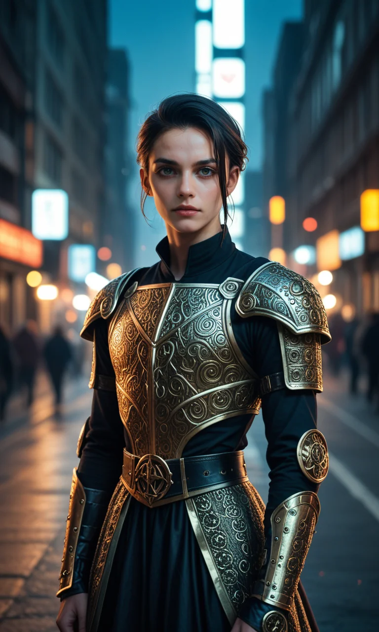 score_9, score_8_up, score_7_up, (RAW photo), Gothic art, dark tones, intricate details, dramatic lighting, high contrast, medieval influence, ornate, mysterious, detailed armor, cyberpunk elements, cityscape, atmospheric, moody, haunting beauty, sharp shadows, textured, (dynamic pose), depth of field, gold embedded, (intricate details), (dynamic angle), (cinematic lights), seductive, innocent, (realistic skin:1.4), sharp, (analog film grain)