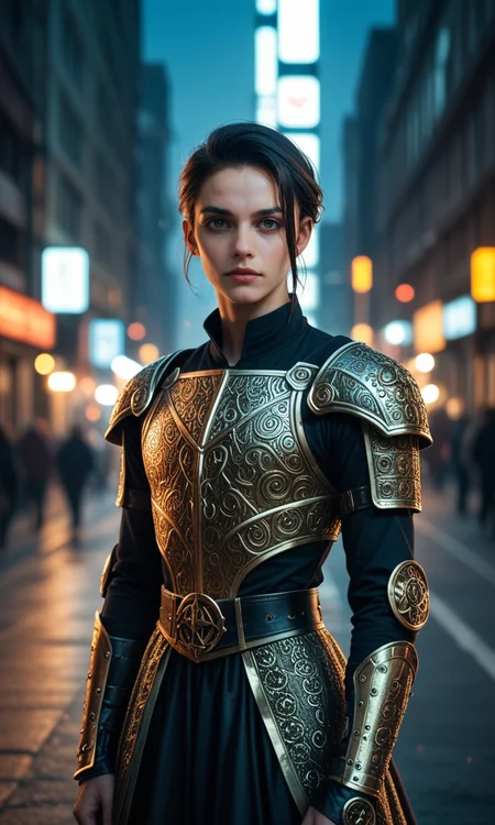 score_9, score_8_up, score_7_up, (RAW photo), Gothic art, dark tones, intricate details, dramatic lighting, high contrast, medieval influence, ornate, mysterious, detailed armor, cyberpunk elements, cityscape, atmospheric, moody, haunting beauty, sharp shadows, textured, (dynamic pose), depth of field, gold embedded, (intricate details), (dynamic angle), (cinematic lights), seductive, innocent, (realistic skin:1.4), sharp, (analog film grain)