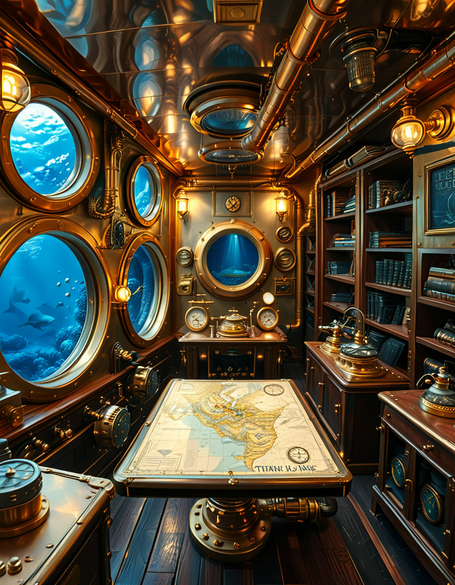 A stunning and intricate view of the interior of the Nautilus submarine, inspired by Jules Verneâs steampunk aesthetic. The room is a mix of Victorian elegance and advanced 19th-century marine engineering. The walls are lined with riveted brass and copper pipes, with intricate pressure gauges and mechanical levers. A massive, round glass porthole offers a breathtaking underwater view of deep-sea creatures swimming in the dark abyss. The warm glow of antique oil lamps and gaslights illuminates the space, casting soft golden reflections on the polished mahogany furniture and ornate brass railings. A large wooden desk is covered with old nautical charts, compasses, and a logbook filled with Captain Nemoâs notes. In the background, a library with leather-bound books and scientific instruments is neatly arranged on wooden shelves, emphasizing the scholarly and adventurous nature of the vessel. The ambiance is a perfect fusion of mystery, science fiction, and vintage maritime beauty, evoking a sense of wonder and deep-sea exploration.<lora:SDXLFaeTastic2400:0.4> <lora:extremely_detailed:0.4> extremely detailed, <lora:Nautilus_subm4r1n3:1>,Nautilus subm4r1n3, Masterpiece,best quality,hi res,8k,hi res,8k,award winning,(sharp focus, intricate, highly detailed),