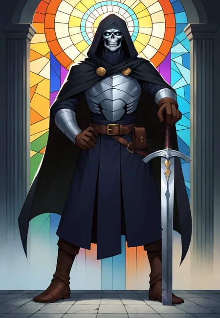safe_pos, score_9, score_8_up, score_7_up, BREAK, source_anime, zPDXL3, NEGATIVE_HANDS, pathfinder portrait, undead, skeleton, black armor, black hood, belt, gloves, boots, black cape, one-hand-hilt, hand on hilt, holding sword, planted sword, aura, black stained glass, emphasized-details