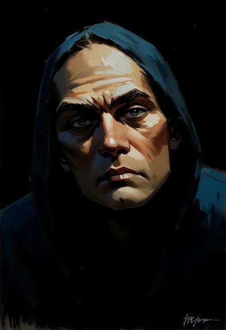 close-up oil painting portrait rendered in a loose, impressionistic style with thick, expressive brush strokes. It depicts statler, the background is black, and he is covered in darkness.