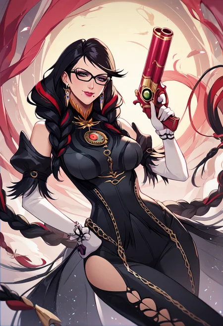 PonyXLV6_Scores,source_anime,masterpiece,best quality, highly detailed,cinematic,unity 8k wallpaper, amazing quality, masterpiece, best quality,  UHD, perfect anatomy,
BREAK
 <lora:bayonneta:0.8>cereza, 1girl, bayonetta, mole under mouth, weapon, solo, mole,large breasts, braid, twin braids, gun, red hair, jewelry, glasses, black hair, multicolored hair, gloves, streaked hair, makeup, earrings, long hair, smile, looking at viewer,eyeshadow, lipstick, clothing cutout, holding, elbow gloves