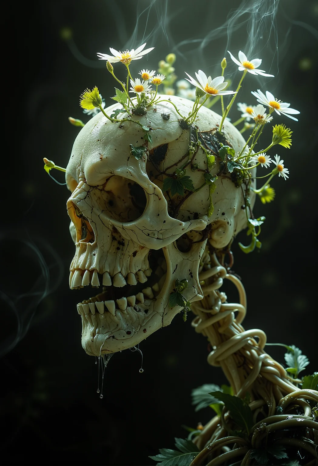 organic skull plant. little organic and translucent skull flowers. minimalistic background. spotlight. <lora:Magic_of_Art_\(FLUX\).safetensors:0.5>, <lora:black_fantasy.safetensors:0.5>, <lora:aiai-Glimra-Flux-Dev-v2.safetensors:0.5>,