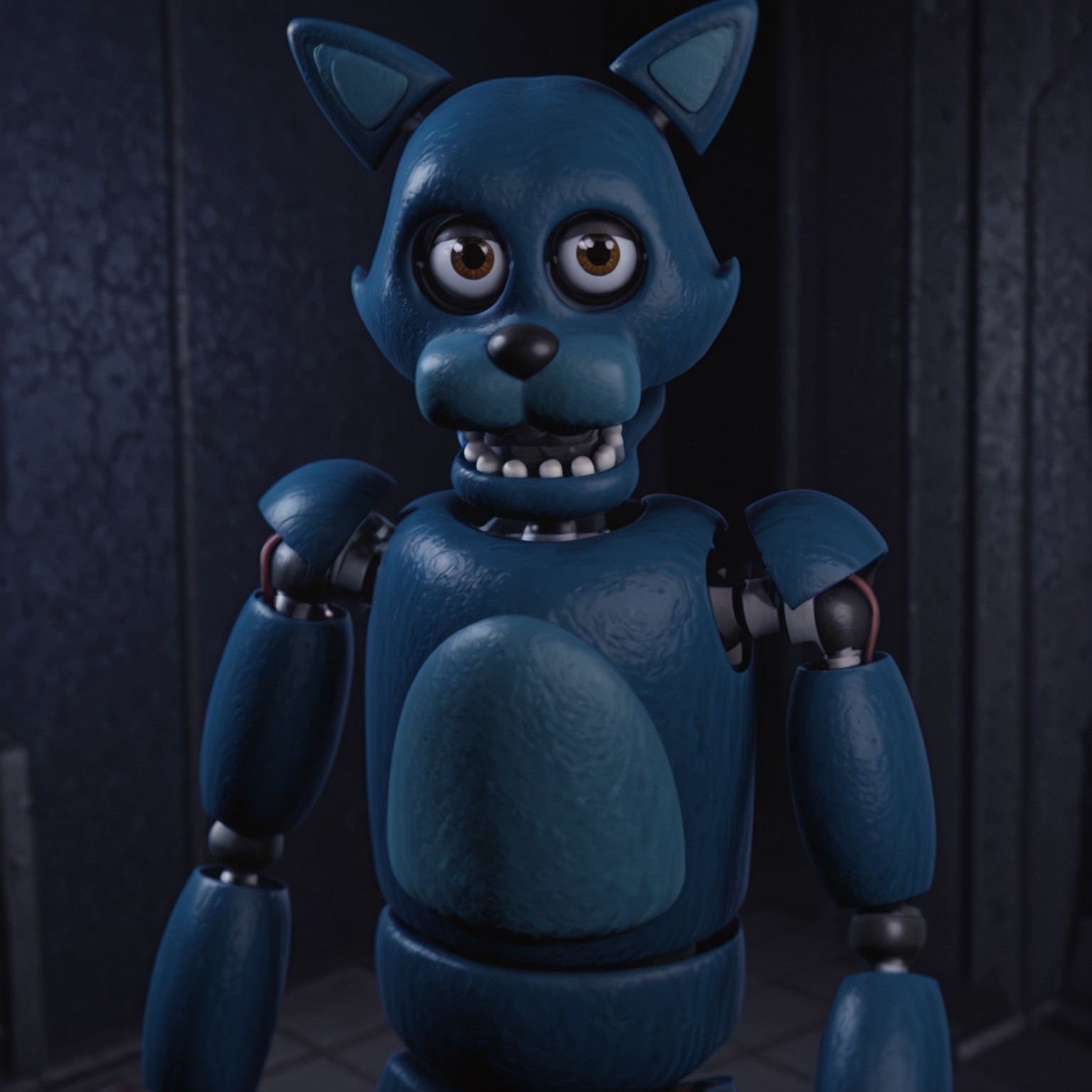 2d, solo, Oldcandy, animatronic, humanoid robot, dark blue body, gray feet, cat ears, animal ears, feline, joints, black nose, normal eyes, brown eyes

BREAK upper body focus, standing, facing viewer, abstract background 

BREAK best quality, amazing quality, very aesthetic, absurdres, newest