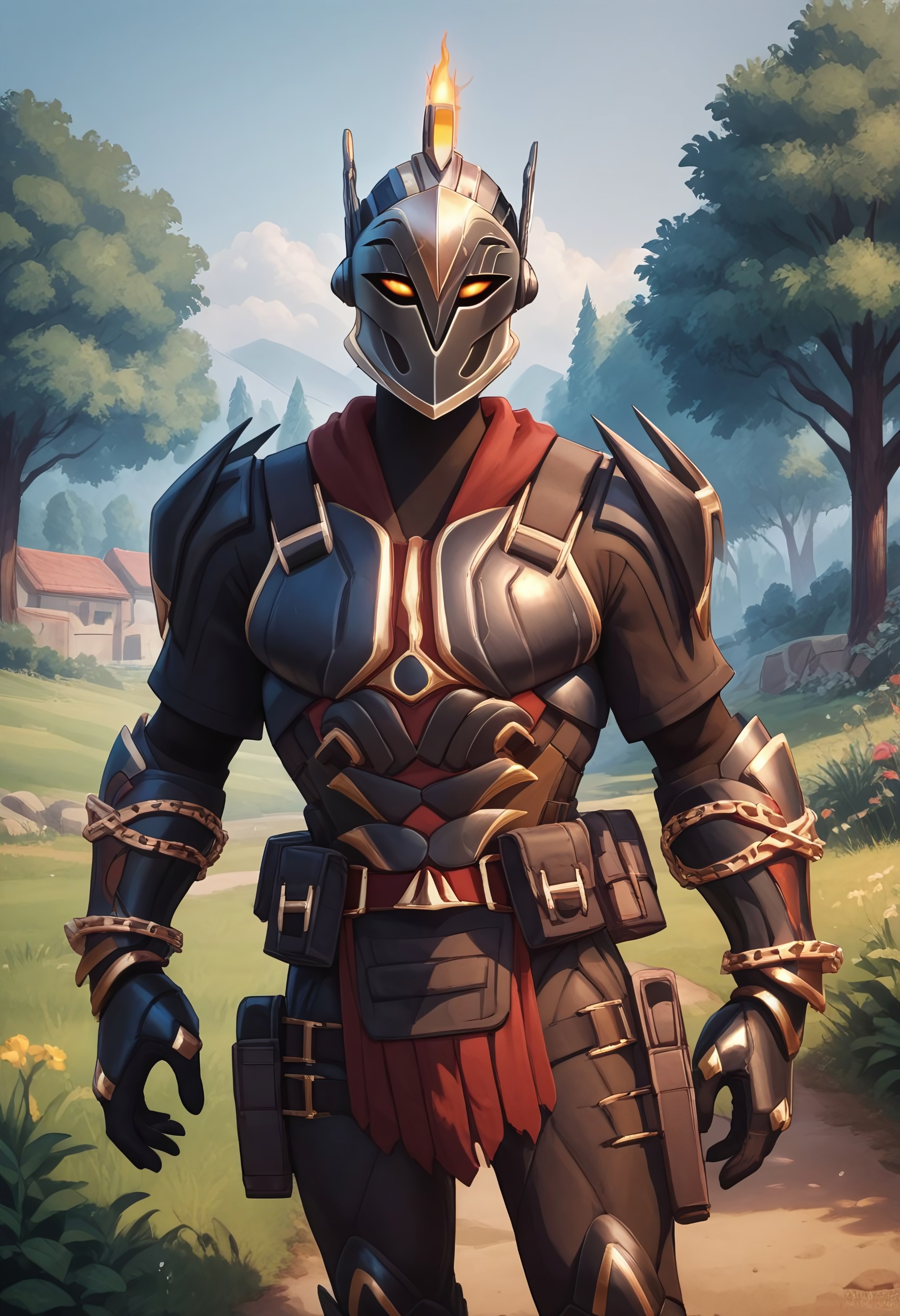 score_9, score_8_up, score_7_up, source_anime, aresfortnite, 1boy, solo, helmet, armor, gauntlets, orange eyes, looking at viewer, BREAK, outdoors