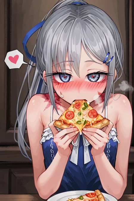 score 9,score 8 up,score 7 up,rating questionable,detailed background,aroused,cinematic lighting,dynamic lighting,uncensored,
,sylvie <lora:sylvie.pony:1>
steaming body,sensual,alluring,sweatdrop,heavy breathing,(spoken heart),silver hair, ponytail,blue ribbon,
blue-dress,sleeveless,
hud_e4ting,holding pizza slice,holding food,eating,<lora:eating_slice_of_pizza:0.6>,open mouth,
Intimate Portuguese Fado Bar,softly glowing lanterns and flickering candles,saliva,half-closed eyes,(pov)