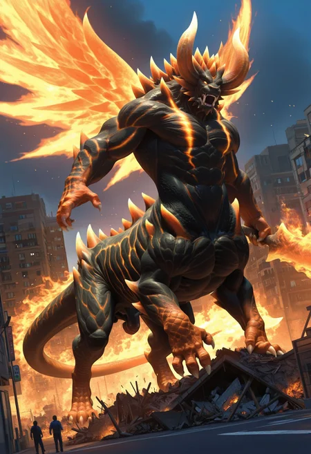 <lora:berial_(dmc)_v1_IL-15:0.8> berial, taur, 1boy, open mouth, tail, horns, teeth, no humans, glowing, fangs, fire, glowing eyes, claws, monster, city, giant, destruction, kaijuu, scalie, glowing markings, spikes, scales, realistic, full body, muscular, flaming wings, flaming tail , furry, realistic, holding flaming sword,