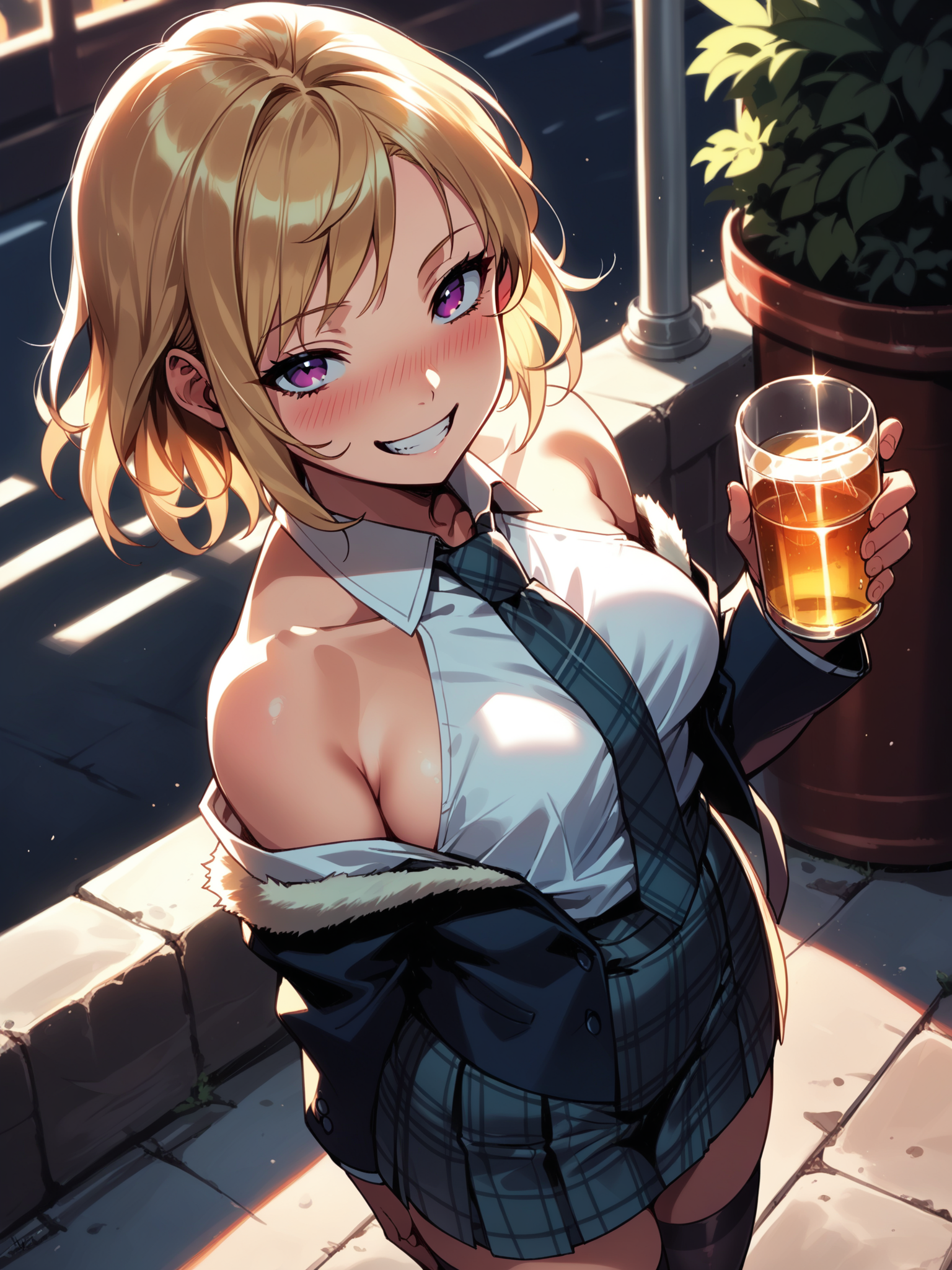 (cowboy shot, solo focus:1.2) <lora:happy_tentacle-lovebeat-v0.2-000036:1>, ht_lovebeat, (blonde hair, purple eyes:0.7), pleated skirt, plaid skirt, plaid necktie, thighhighs, () ( (bare shoulders :1.1) :1.1) ( , , ((drunk:0.8) :1.2) , seductive smile , looking back :1.1) , outdoors, vegetation, ( :1.1), , (dusk :0.6), , (:0.5), , ( :0.9), (formal, suit:1.2), collared shirt, high-waist skirt, jacket, necktie, pencil skirt, shirt, (( from above :1.2) :0.8) score_9, score_8_up, score_7_up, score_6_up, score_5_up, score_4_up, ( [(realistic, photorealistic:1.3):(realistic:1.2):14] [(3d:1.2)::12] :1) <lora:LUUNA's Lunas-NijiJourney-SDXL-B2:0.35>, nijijourney <lora:prgfrg23's Counterfeit-V3.0 Style SDXL_LoRA_Pony Diffusion V6 XL:0.5> <lora:mfcg's mfcgXL:0.12> <lora:reweik's gyokai(himehajime)_PonyXL_style_v01:0.14>