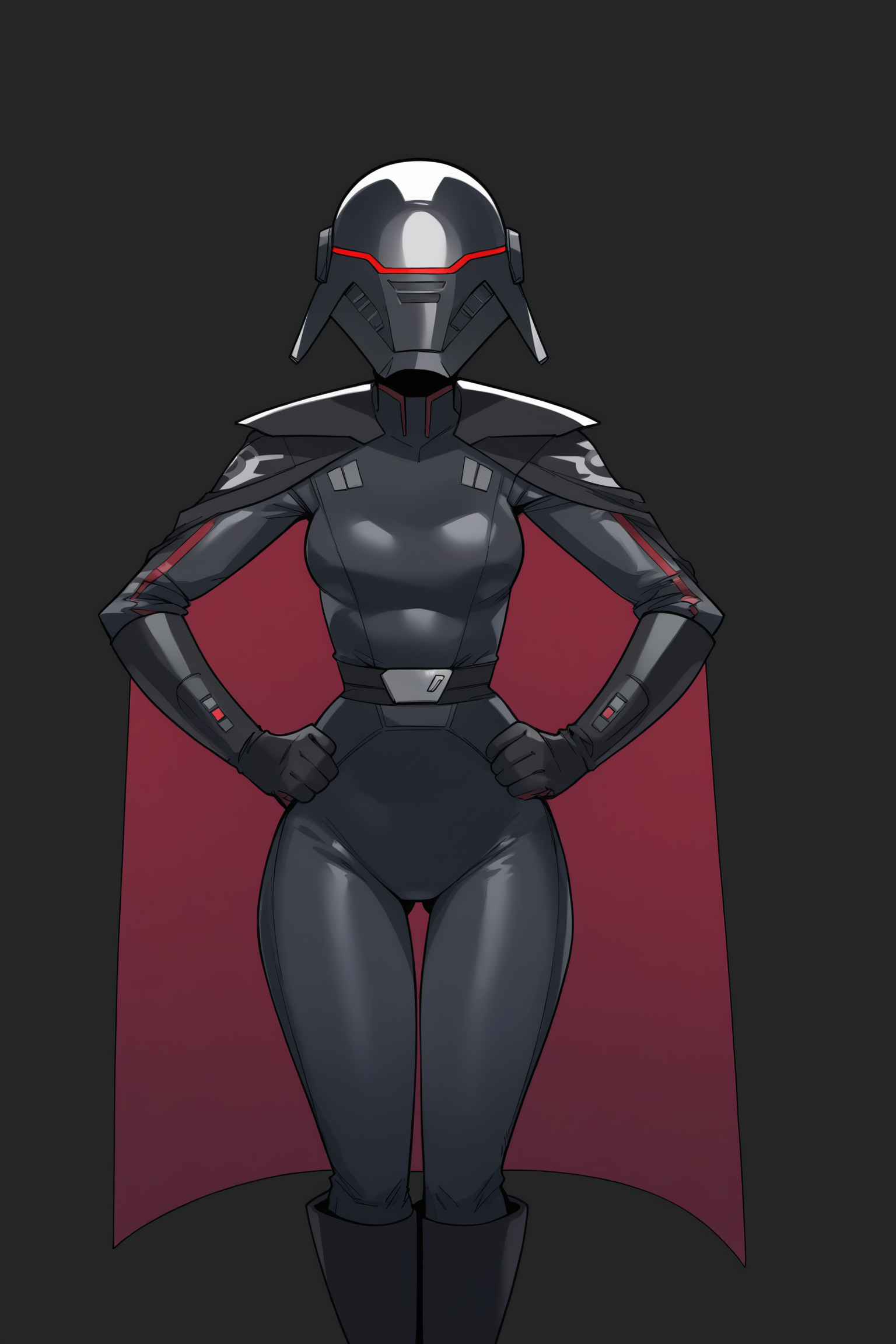 score_9, score_8_up, score_7_up,
BREAK
<lora:rabiestlagomorph-guy-PONYv1:1>, <lora:Trilla:0.8>, Trilla, helmet with red visor, star wars, cape, armor,black gloves,tight bodysuit,black cape,black pants,
solo, standing, front view, medium breasts, wide hips, hands on hips,
black background