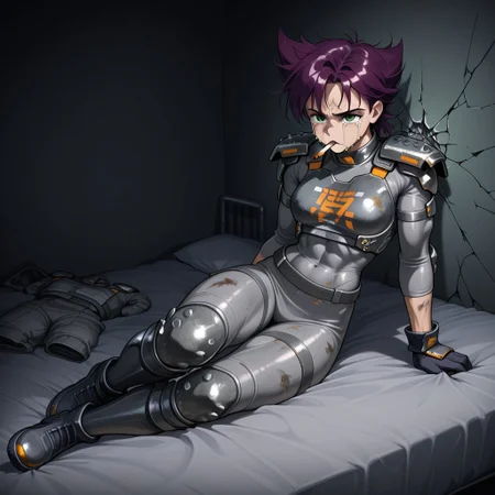 Konoko, 1 girl, short, messy, spiky purple hair, green eyes, athletic and muscular build Bodysuit, gray and white combat suit, metallic shoulder pads and protection, dark gloves, sturdy boots, orange details
Konoko lying on her side in bed with a cigarette in her mouth. Crying, expressionless, serious and neutral expression, depressing and dirty room, cracked walls, dark room