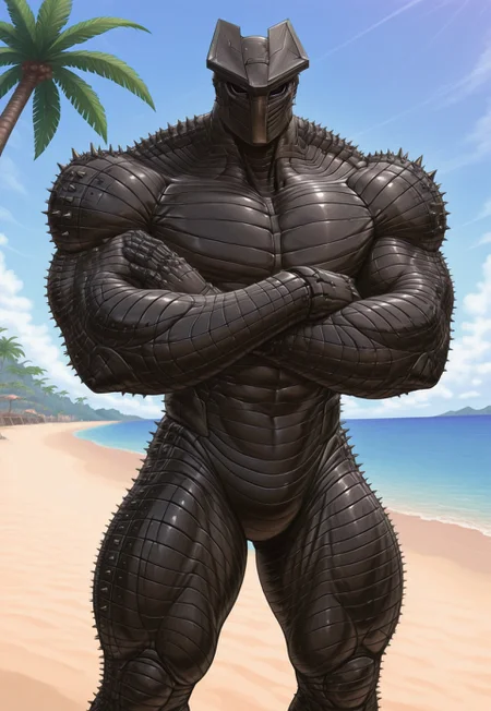 safe_pos, detailed background, perfect anatomy, masterpiece, high quality, close-up, best quality, highres, aesthetic, solo, Destroyer, robot, metal body, spikes, hollow eyes, big muscles, massive legs, looking at viewer, on beach, palm trees, sunny, crossed hands, standing, bara, z0r0j, w0lfc0nf, side view