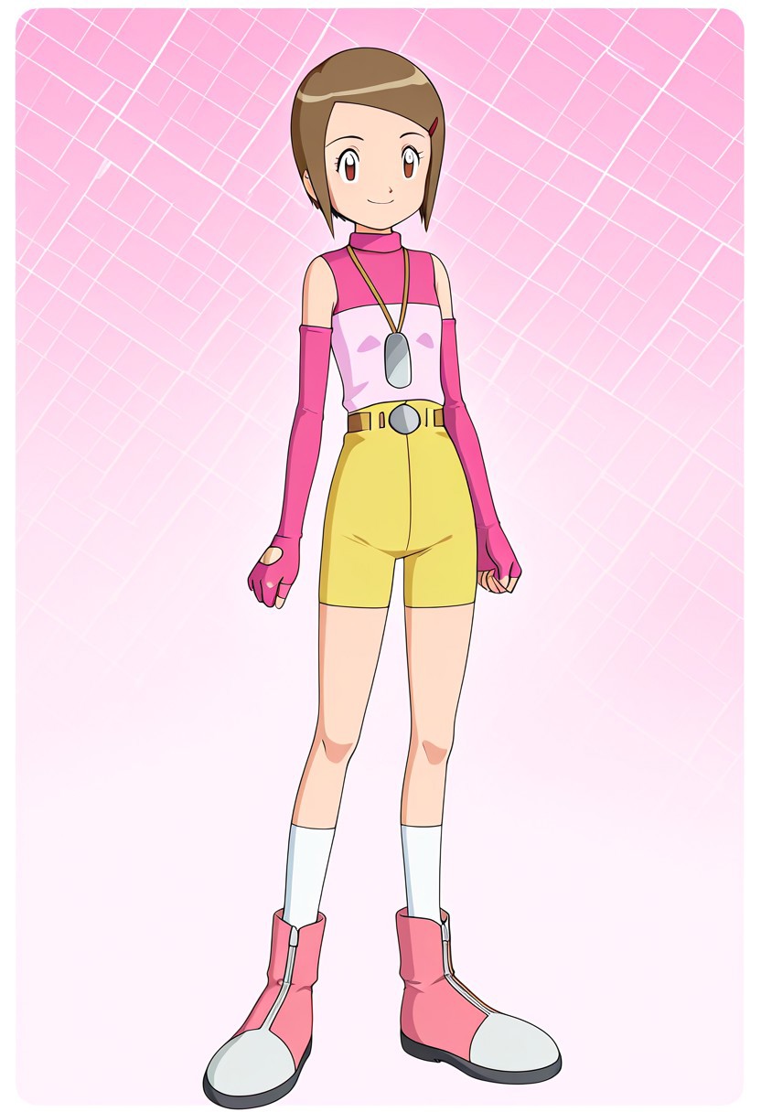 anime screencap, anime art style, digimon adventure 02, kari kamiya, short brown hair, anime girl, futuristic outfit, pink long sleeves, fingerless gloves, sleeveless white top, yellow shorts, high boots, pink and white boots, pendant necklace, 1girl, solo, gloves, brown hair, brown eyes, smile, fingerless gloves, shorts, yellow shorts, hair ornament, short hair, hairclip, standing, elbow gloves, socks, 1outfit , 2 Character
