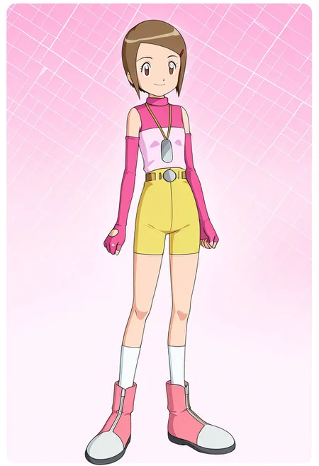 anime screencap, anime art style, digimon adventure 02, kari kamiya, short brown hair, anime girl, futuristic outfit, pink long sleeves, fingerless gloves, sleeveless white top, yellow shorts, high boots, pink and white boots, pendant necklace, 1girl, solo, gloves, brown hair, brown eyes, smile, fingerless gloves, shorts, yellow shorts, hair ornament, short hair, hairclip, standing, elbow gloves, socks, 1outfit , 2 Character