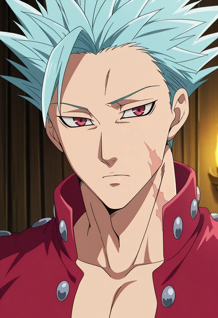 masterpiece, best quality, , anime screencap, anime coloring, , looking at viewer, 1boy, solo, male focus, <lora:ban_nanatsu_no_taizai_ilxl:0.9>, ban_nanatsu_no_taizai, blue hair, red eyes, spiked hair, scar, , ,