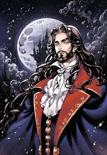 score_9, score_8_up, portrait, HandBeardXLP,kojima ayami,
1boy, Dracula, castlevania, older, long hair, scenery, night, proper body proportions, aristocrat, beard, spooky, dark, particles around, close-up, detailed background, high contrast,