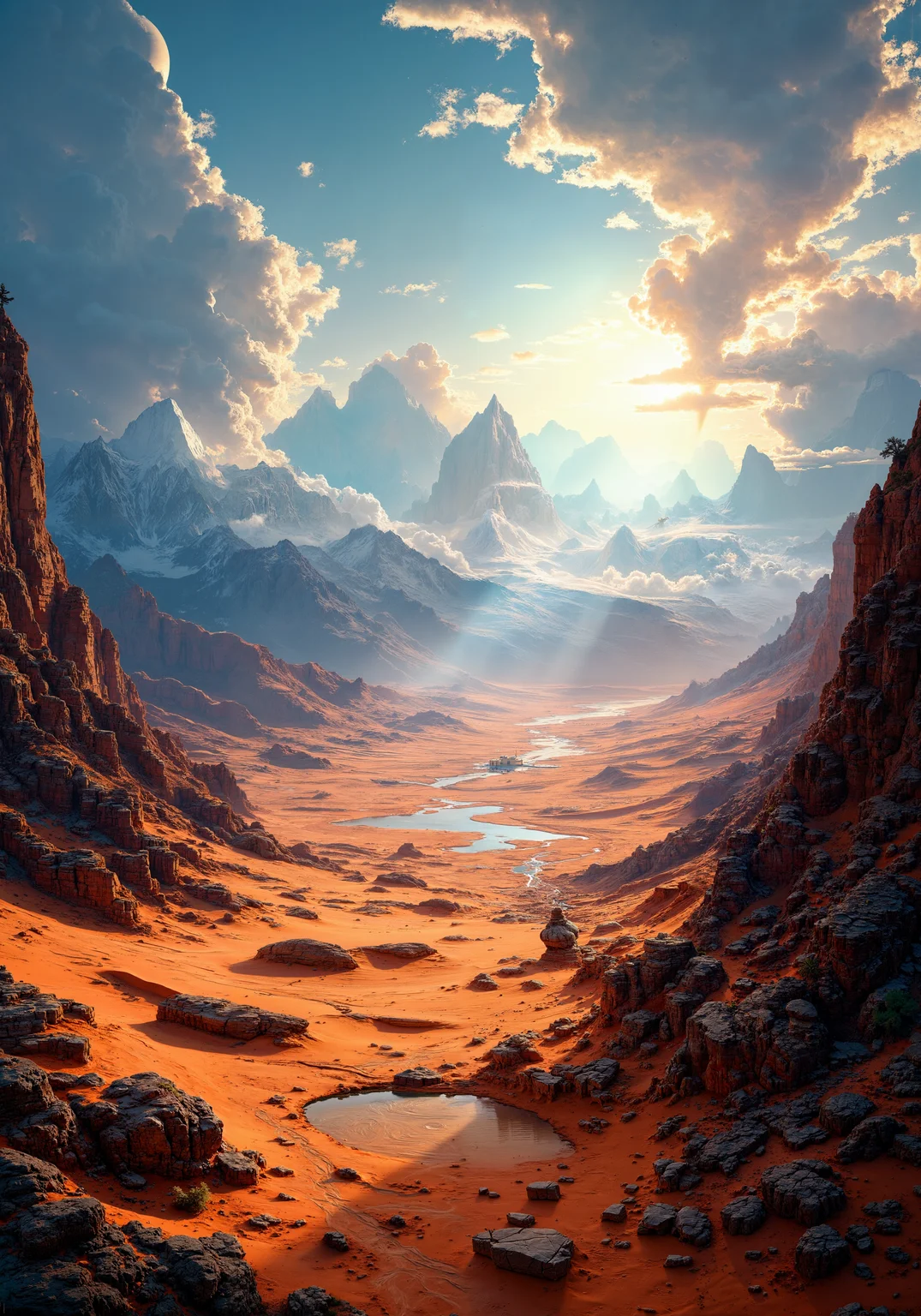 Sweeping low-angle view, expansive arid plateau, majestic sand dunes, rugged rocky outcrops, delicate mountain foothills. Vibrant golden hour lighting, ultra 8K masterpiece, intricate natural textures, refined gradients, dynamic spatial composition, radiant warm hues blending with cool indigo shadows, dramatic interplay of light and shadow, surreal atmosphere, exquisite natural elegance, epic scenic detail, immersive visual depth, atmospheric splendor, contemporary natural beauty. <lora:FluxDFaeTasticDetails:0.8> <lora:FluxMythP0rtr4itStyle:0.4> <lora:flux_dev:1>