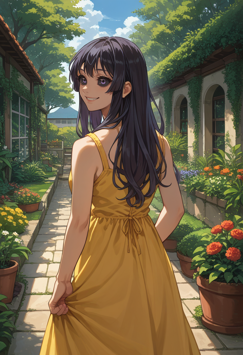 score_9, score_8_up, source_anime, 1girl, solo, KureKarura, black sclera, long hair, from behind, yellow sundress, garden, day, sunshine, smile, looking back, <lora:ChamKureKaruraPonyXL:1>