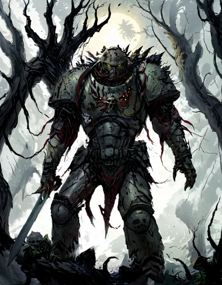 (photorealistic:1.2, Fujifilm XT3),A Plague corrupted horrible Space Marine, vile, a grotesque and twisted being who serves the Chaos God Nurgle, wading through a murky swamp. His armor, once shining and metallic, is now covered in a thick, suppurating slime that oozes from his pores. The Marine's form is distorted and grotesque, with bones and organs visible through his rotten flesh. His left arm ends in a misshapen mass of tentacles, while his right hand clutches a massive, diseased-ridden chainsword. The swamp around him is alive with putrid greenery, and the air is thick with the stench of decay. In the distance, a ruined temple can be seen, its walls covered in vines and moss. The Plague Marine's eyes glow with a malevolent light, and he seems to be drawn towards the temple, his mission clear: to spread the plague and devastation of Nurgle throughout the swamp. <lora:add-detail-xl:0.8> <lora:DonMD3m0nV31nsXL_v1.1-000009:0.8> DonMD3m0nV31nsXL, demonic, veins, bio, organic <lora:primaris_marine-knight_armor-000007:0.8> corrupted Knight armor, (masterpiece:1.2), (epic composition:1.4), (talent:1.2), ultra detailed, cinematic lighting, highly detailed, insanely detailed, (photorealistic:1.2), hdr, 8k, exquisite, sharp, elegant, ambient lighting, high quality, , <lora:takma2:0.8> <lora:ling1:0.8> ling1