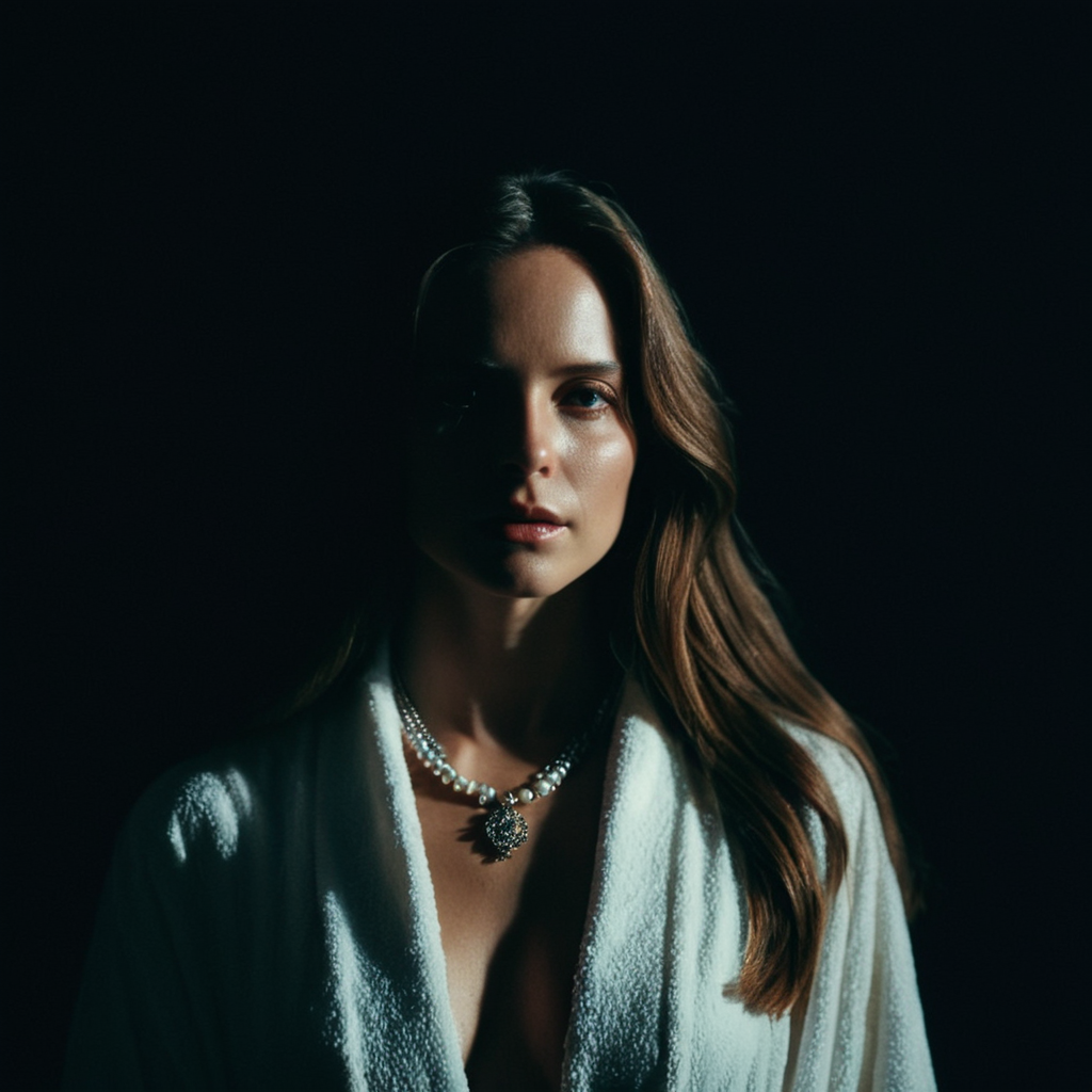 cinematic film still of  <lora:Split Lighting style v2:1>
Split Lighting Photography of a woman in a robe is standing in the dark,1girl,solo,long hair,brown hair,jewelry,upper body,parted lips,teeth,necklace,lips,realistic,dark,horror (theme) ,realistic , realistic, realism, photorealism, hyperrealism, hyperrealistic, realistic, sharp, detailed, cinematography style, film light style, movie still,  professional photography, artistic, perfection, contrast, cinematic, filmic, high quality photo,  8k quality, colorful, partially covered in shadow, dark shadow, split light, side light, Split Lighting Photography style, shallow depth of field, vignette, highly detailed, high budget, bokeh, cinemascope, moody, epic, gorgeous, film grain, grainy