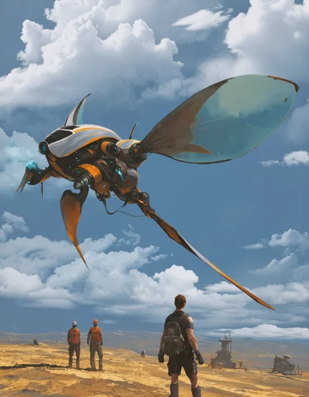 Art by Alejandro Burdisio. A digital illustration shoot from the side about a futuristic flying insect with a sleek, metallic body and large wings, set against a bright blue sky with fluffy white clouds. the image also shows a desert landscape with a few distant structures and a few people. on the right side of the image, a man with short brown hair, wearing a black and orange outfit, standing on a sandy surface, facing away from the viewer. he appears to be in his early twenties, with a serious expression on his face. he has a backpack on his back and is holding a blue object in his hand. in the background, two other men wearing orange vests and hard hats are standing nearby, observing the scene. the man in the foreground is standing with his back to the viewer, looking down at the insect. the insect has a long, slender body with a large, curved wing extending from its back, giving it a futuristic look.