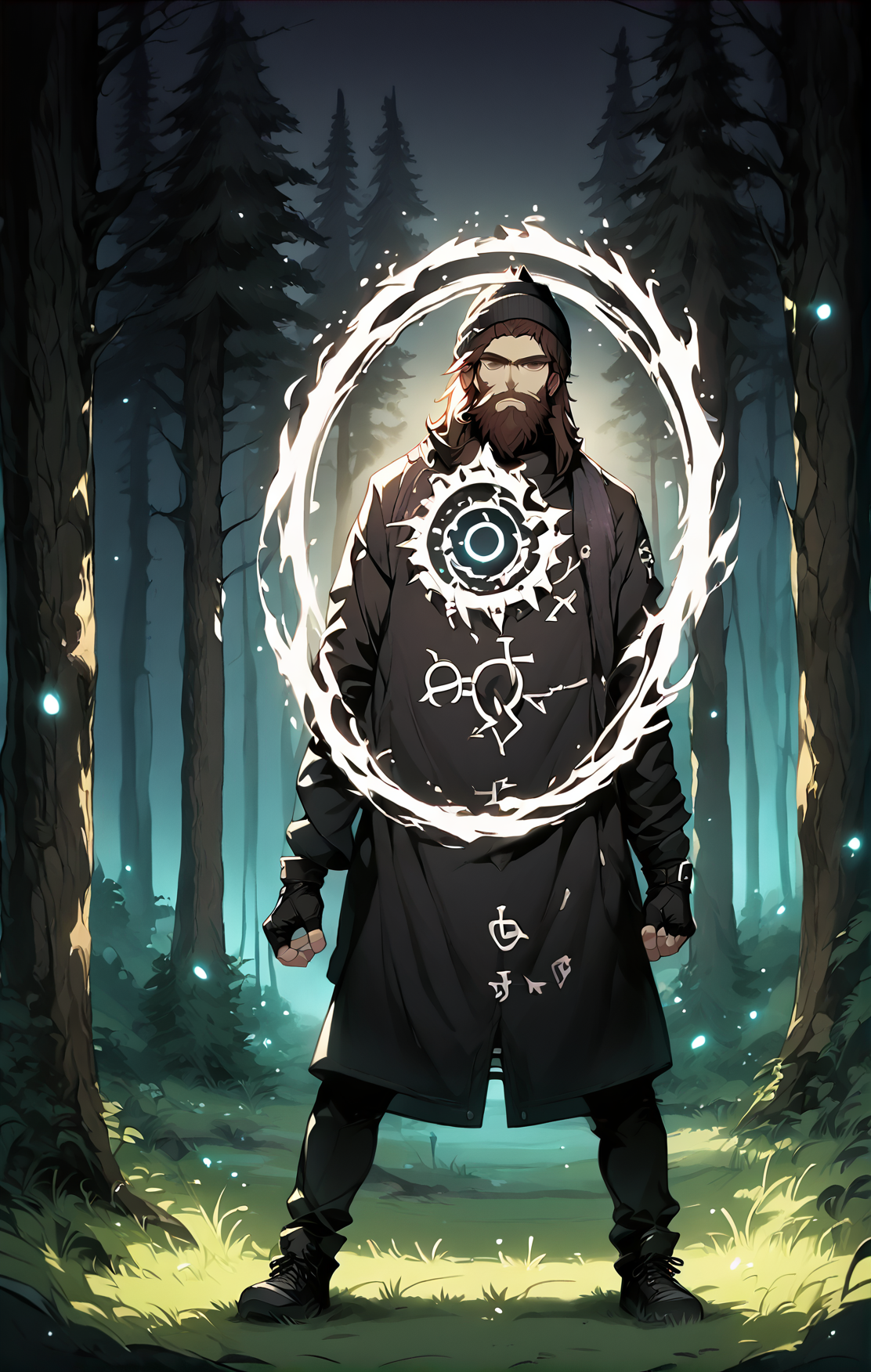 score_9, score_8_up, score_7_up,,  good quality ,, character focus, solo, alone, standing, looking at viewer, zoomed out, best quality , detailed background, dark scene, extreme darkness, no light, no light source,  <lora:SpellBindPony:0.8> white spell bind,  casting a giant white glowing circular spell bind  ((dark scene, barely visible,no light, forest at night, night woods, black forest, black grass, black trees, black sky, black background,))  <lora:jeezo:1> jeezo, male focus, facial hair, beard, brown hair, long hair, beanie, black fingerless gloves, long  jacket, black headwear, black jacket, long sleeves, , Bandolier, black pants, stretching arm,  full body, standing, pointing,    <lora:dark_v1.9-pony:1> dark theme, dim lighting, black theme, dark background