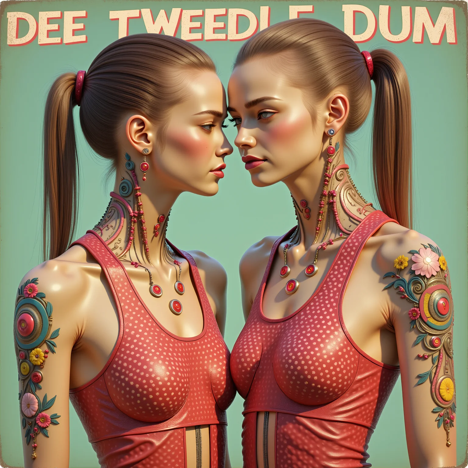 cybotix style, a pair of futuristic identical women with ponytails wearing polka dot dresses, the words 'DEE TWEEDLE DUM' written on a ribbon at the top of the picture