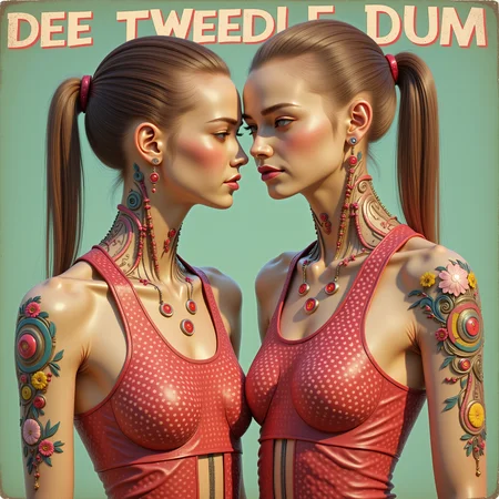 cybotix style, a pair of futuristic identical women with ponytails wearing polka dot dresses, the words 'DEE TWEEDLE DUM' written on a ribbon at the top of the picture
