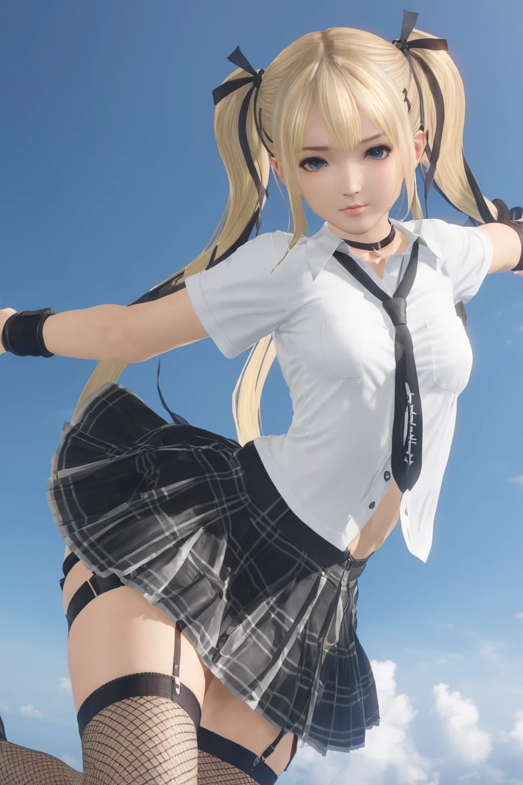 masterpiece, best quality, 1girl, shirt,  blonde hair, twintails, fishnet thighhighs, dof, flying through the sky, backlighting, pleated skirt, wind lift, dynamic pose, <lora:marie_rose1-000008:0.7>