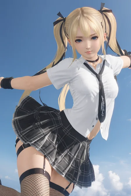 masterpiece, best quality, 1girl, shirt,  blonde hair, twintails, fishnet thighhighs, dof, flying through the sky, backlighting, pleated skirt, wind lift, dynamic pose, <lora:marie_rose1-000008:0.7>