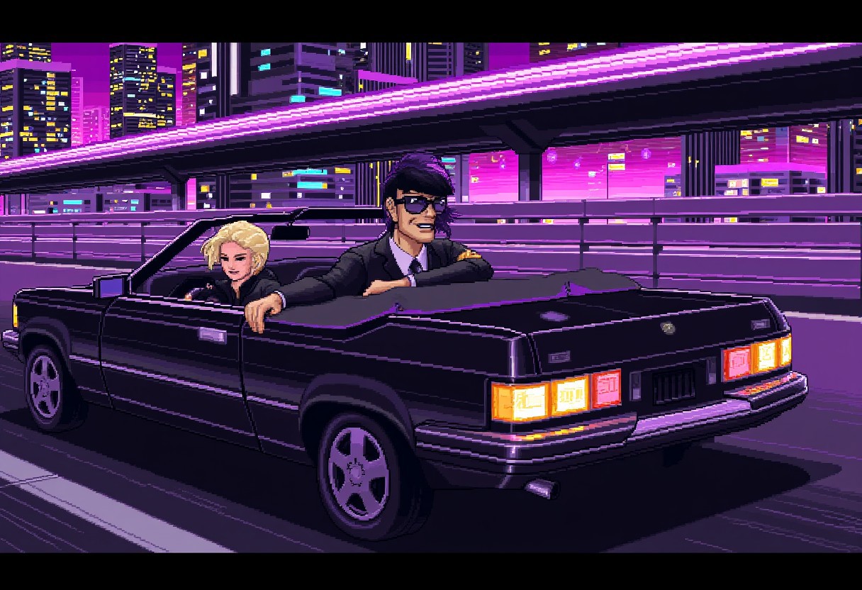 pixelart, man driving a convertible shiny black car with one hand,relaxing,he is wearing sunglasses,and smiling confidently,smirk,black hair mullet,on the back seat is sitting a blonde beautiful woman wearing elegant clothes,closed eyes,happy smile, neon highway,retro city in the background with tall buildings,joy moment,driving at high speed,wind blowing,after image lights,