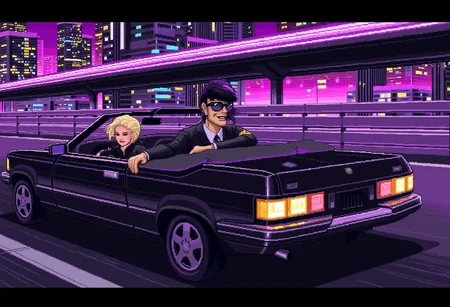 pixelart, man driving a convertible shiny black car with one hand,relaxing,he is wearing sunglasses,and smiling confidently,smirk,black hair mullet,on the back seat is sitting a blonde beautiful woman wearing elegant clothes,closed eyes,happy smile, neon highway,retro city in the background with tall buildings,joy moment,driving at high speed,wind blowing,after image lights,