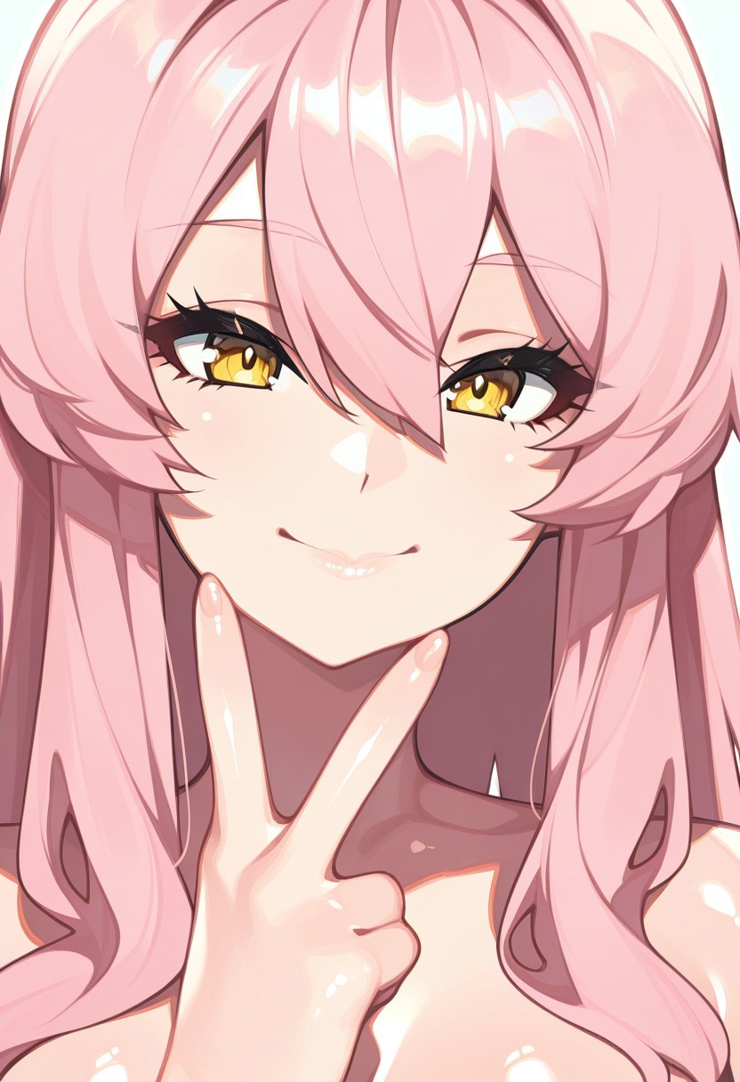 hi res, masterpiece, best quality, highres, v, yellow eyes, smile, long hair, looking at viewer, 1girl, hair between eyes, simple background, closed mouth, portrait, cartoon, shiny skin, shiny