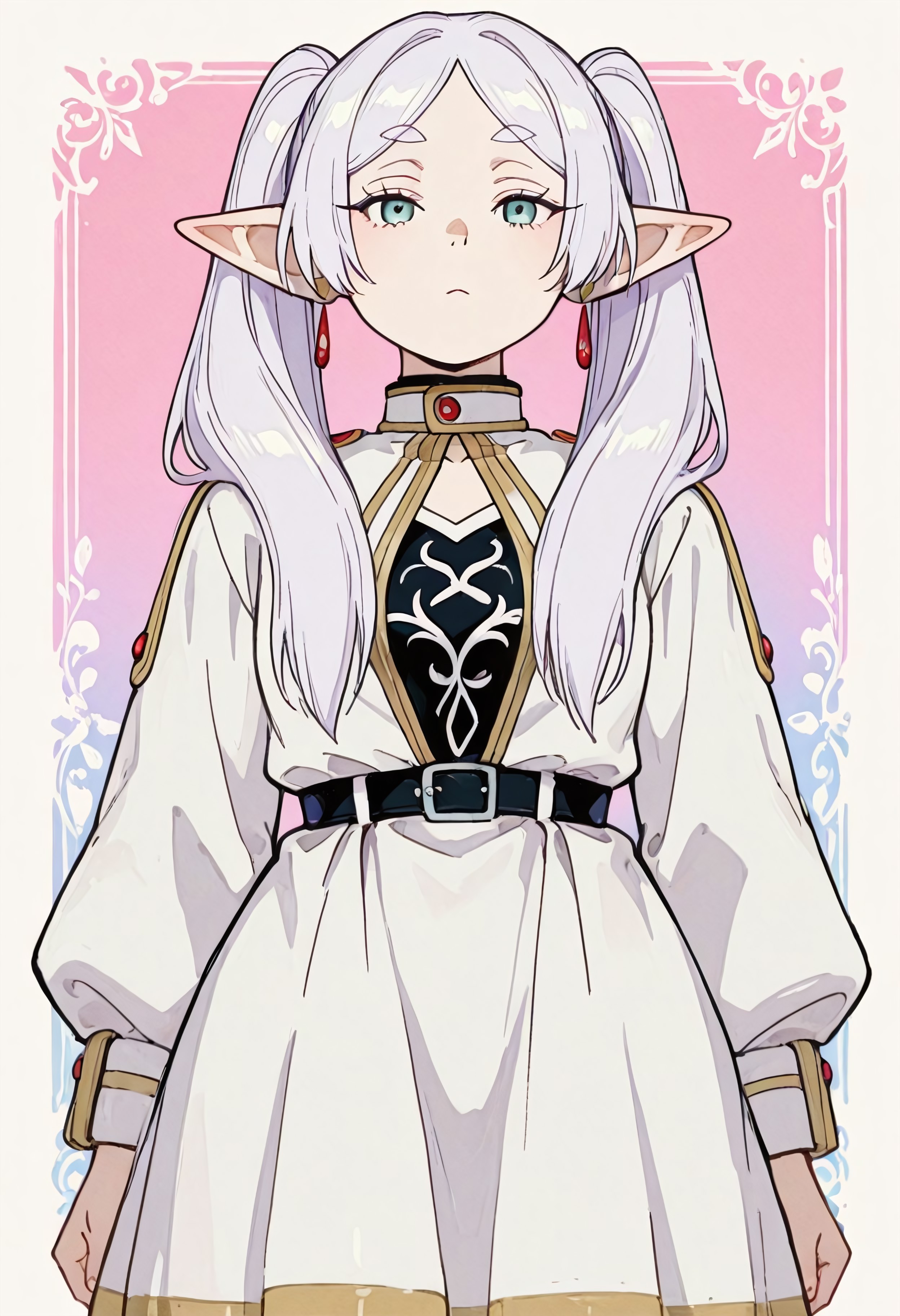 1girl, solo, looking at viewer,
frieren \(frieren beyond journey's end\),
white hair,
neutral expression,
standing,

pink, white, blue,
painted_background,

Kenorland, kenorland, artist:moriimee, 748cmstyle, Bl3th3bn3_Styl3_SKNSFW,