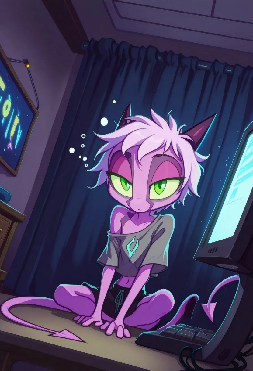 Dreamkeepers,Prelude_Namah,,demon tail, green eyes, horns,
solo, 1girl, child,
masterpiece, best quality, newest, very awa, no lineart, no outline, Flatline, Flat vector illustration, Smooth, super cute style, very aesthetic, flat colors, Colorful themes, High Saturation, petite, cute, small, fragile, young, youthful, short hair, messy hair, collarbone, navel,
dynamic pose, sleepy, gray bags under eyes, dutch angle, sitting at computer, cute outfit, casual outfit, indoors, one bare shoulder, night, dark, volumetric lights,