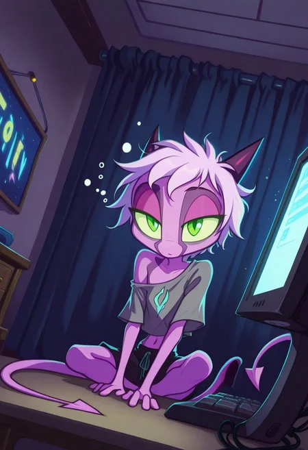 Dreamkeepers,Prelude_Namah,,demon tail, green eyes, horns,
solo, 1girl, child,
masterpiece, best quality, newest, very awa, no lineart, no outline, Flatline, Flat vector illustration, Smooth, super cute style, very aesthetic, flat colors, Colorful themes, High Saturation, petite, cute, small, fragile, young, youthful, short hair, messy hair, collarbone, navel,
dynamic pose, sleepy, gray bags under eyes, dutch angle, sitting at computer, cute outfit, casual outfit, indoors, one bare shoulder, night, dark, volumetric lights,